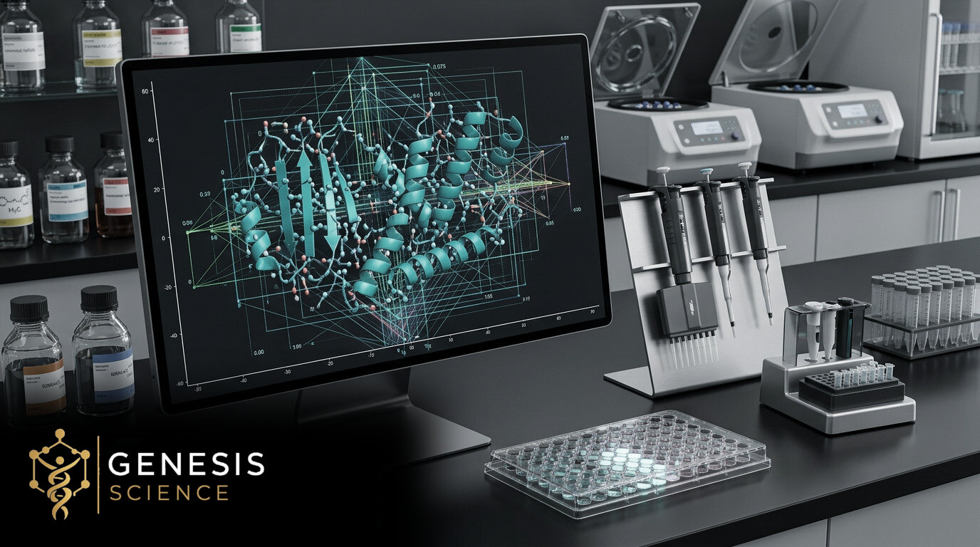 Illustrative computational peptide structure beside real laboratory assay equipment with the Genesis Science logo