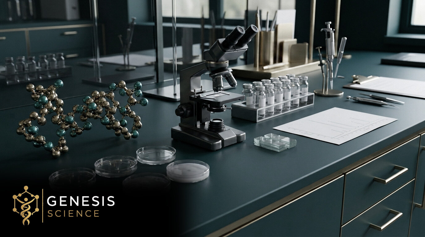 Illustrative laboratory scene for What Is BPC-157? Research Background and Current Scientific Evidence with the Genesis Science logo