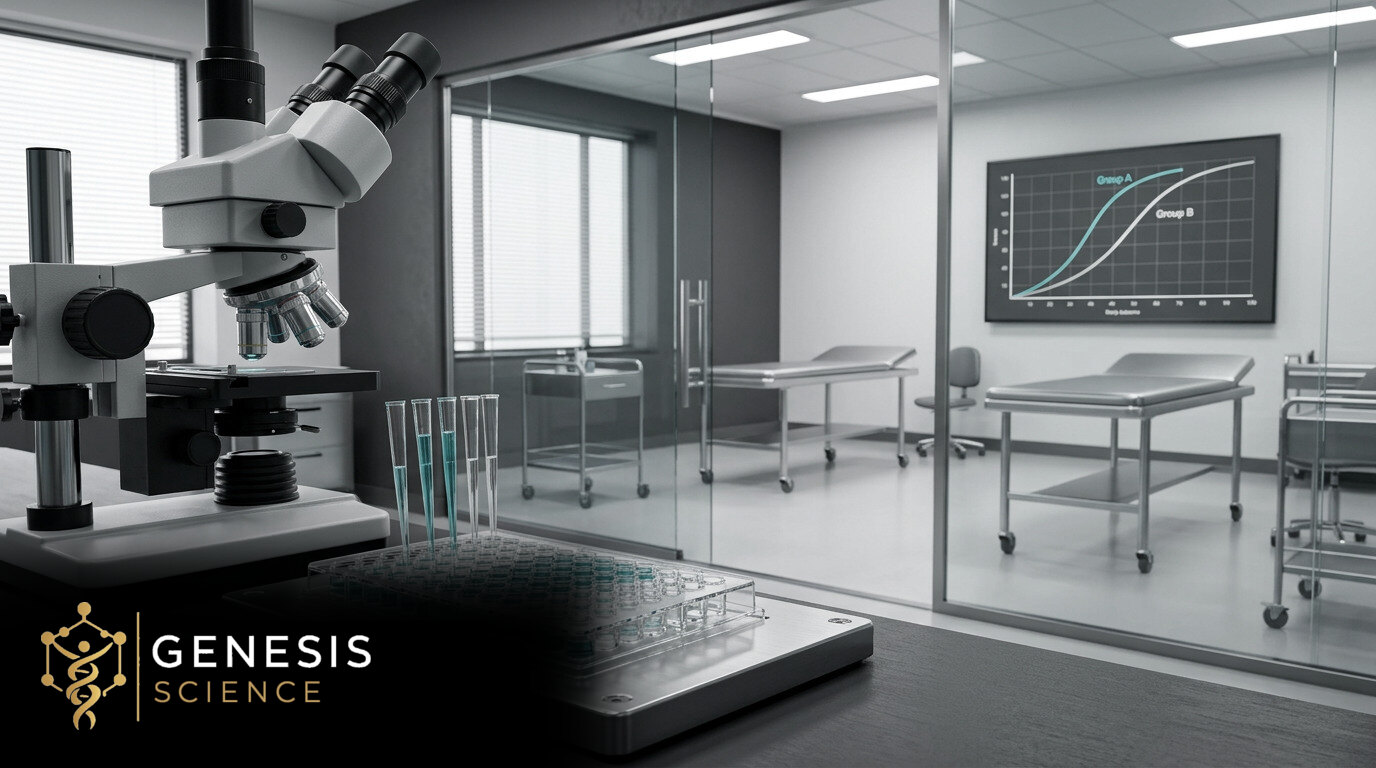 Illustrative laboratory assay equipment contrasted with a clinical research room and outcome curves with the Genesis Science logo
