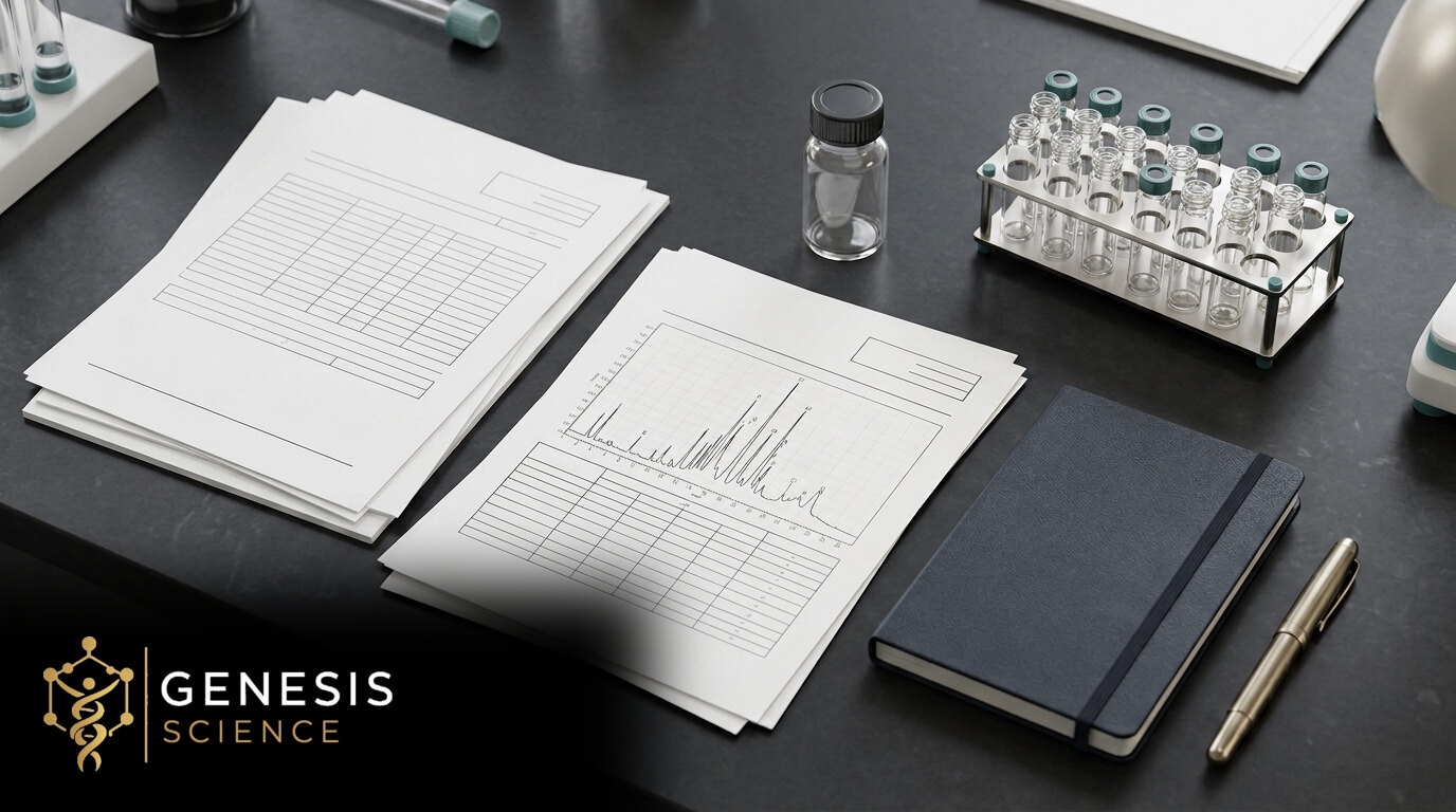Illustrative analytical reports and sample vials with Genesis Science branding