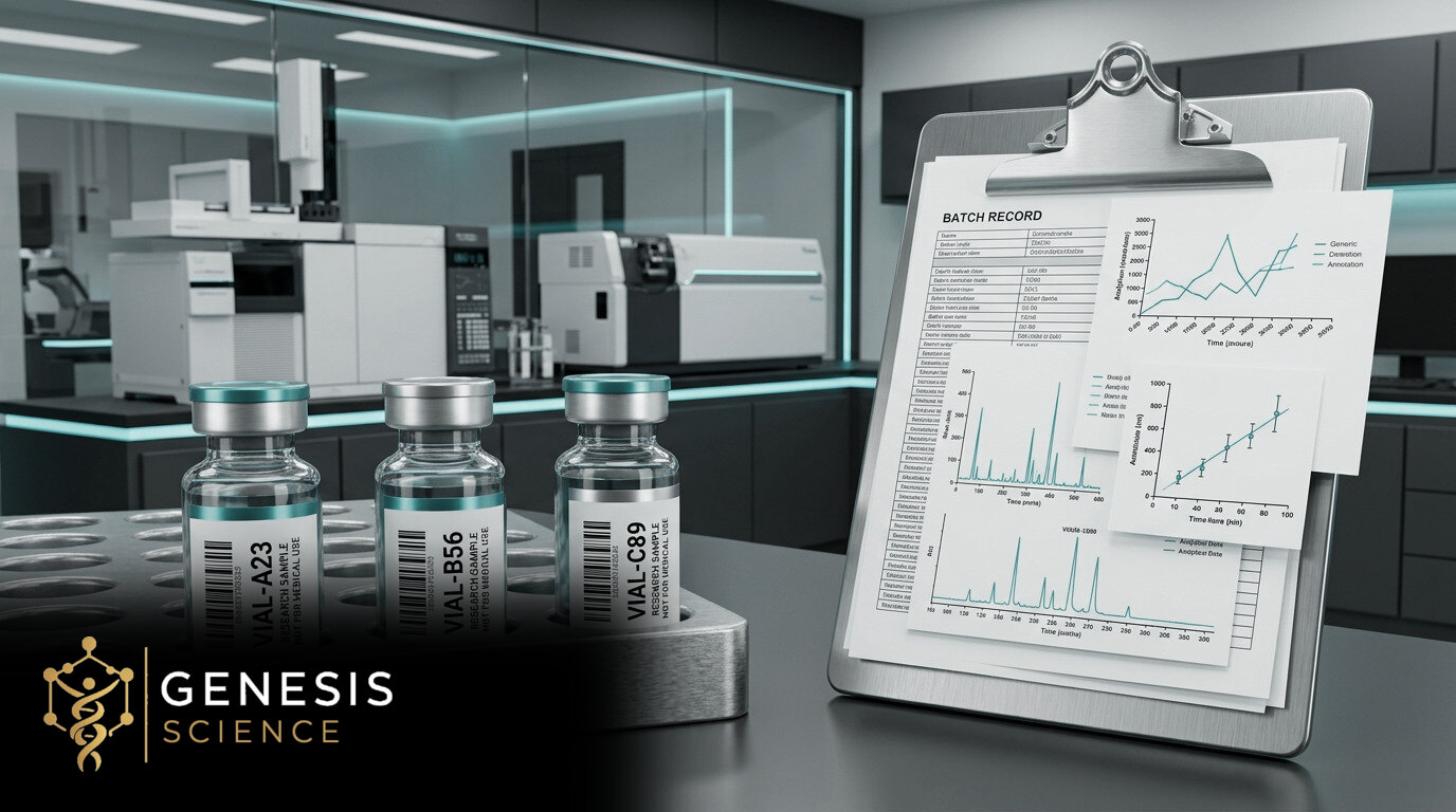 Illustrative batch-labeled laboratory vials and analytical record sheets with the Genesis Science logo