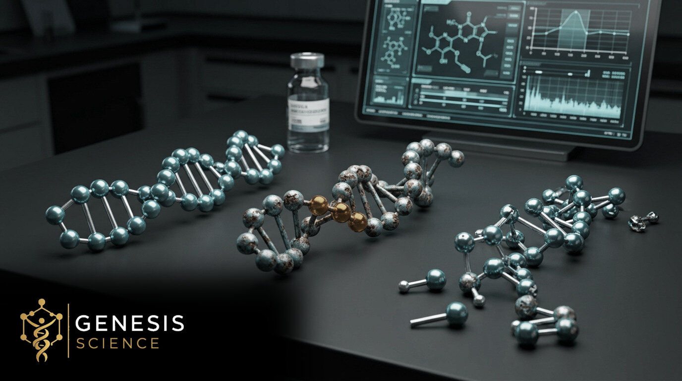 Illustrative intact, chemically altered and fragmented molecular models with the Genesis Science logo