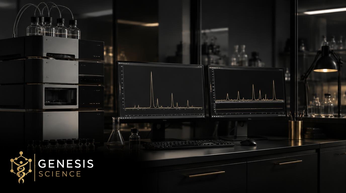 Two illustrative chromatography workstations with differing peak resolution and the Genesis Science logo