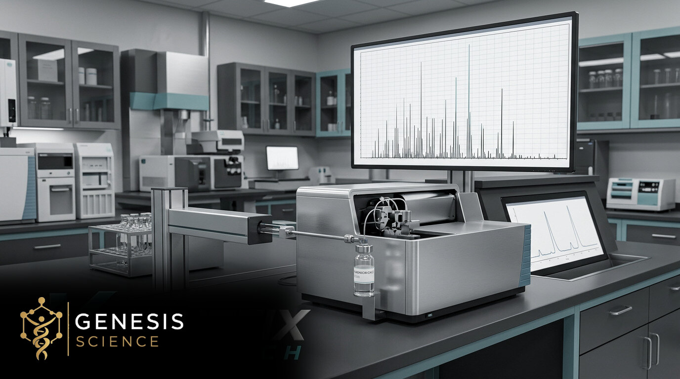 Illustrative mass spectrometry workstation displaying a mass spectrum and chromatography trace with the Genesis Science logo