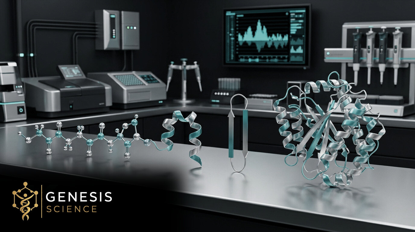 Illustrative short amino acid chain and larger folded protein model with the Genesis Science logo