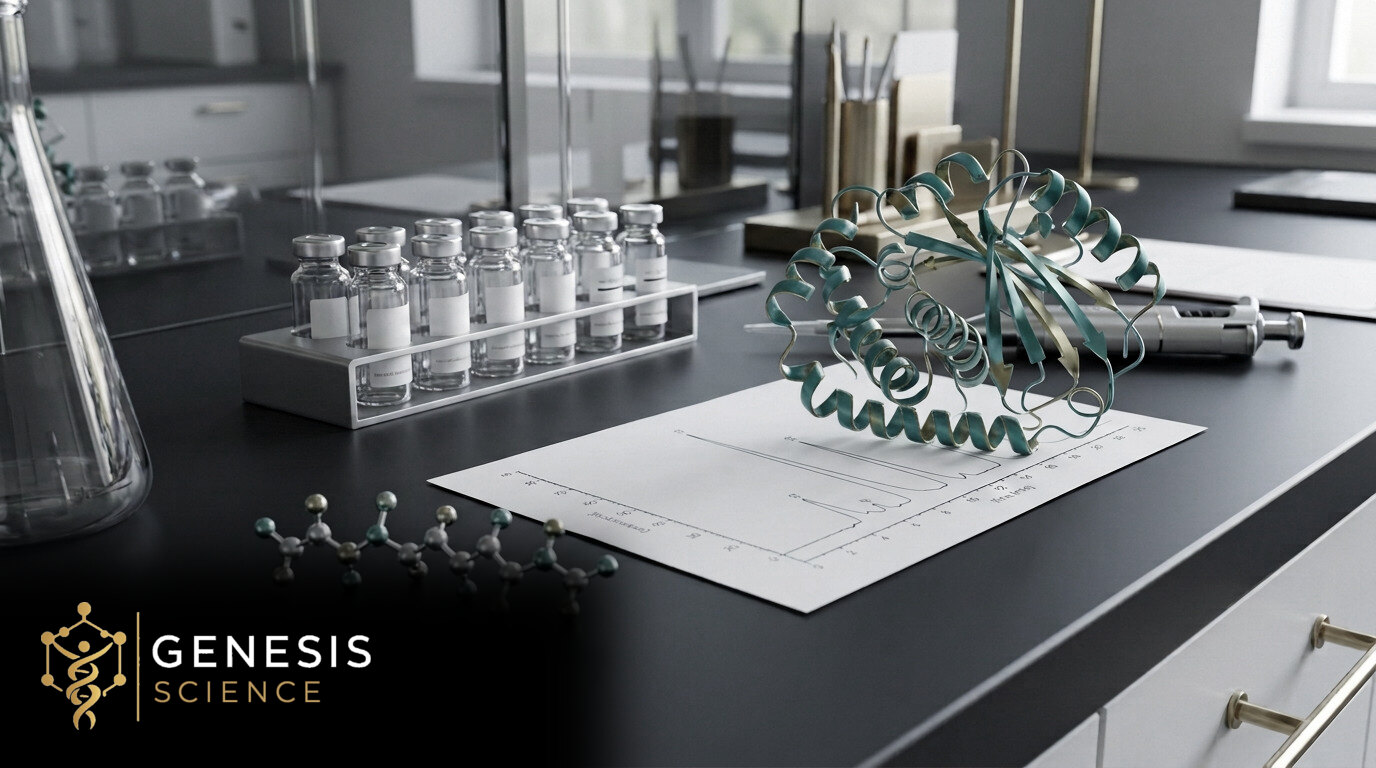 Illustrative laboratory scene for Peptides vs. Proteins: What’s the Difference? with the Genesis Science logo