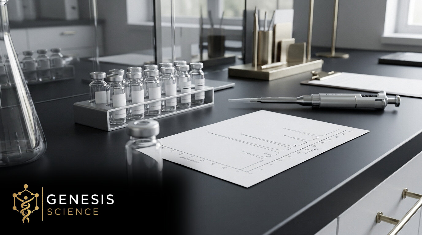 Illustrative sample vials and chromatography chart with Genesis Science branding