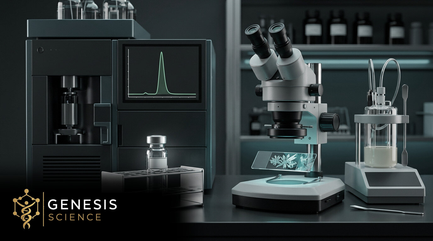 Illustrative chromatography, microscopy and separate sample-testing equipment with the Genesis Science logo