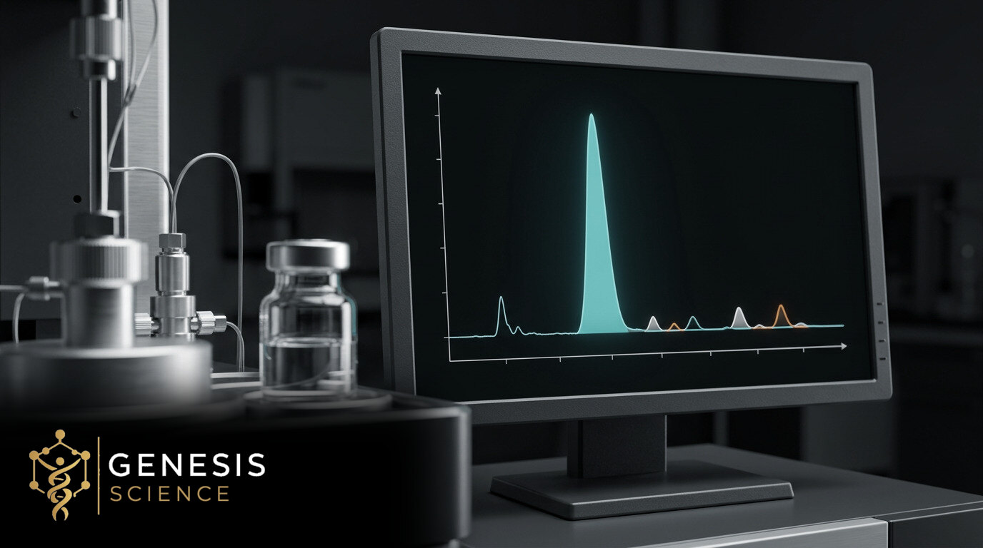 Illustrative chromatogram with a dominant peak and smaller impurity peaks beside an analytical instrument with the Genesis Science logo