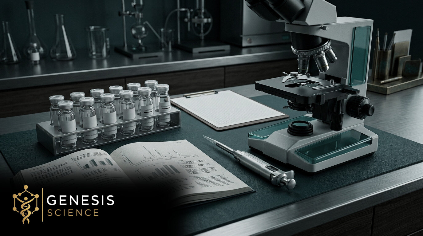 Illustrative laboratory scene for Are Research Peptides Safe? What Science Can and Cannot Tell Us with the Genesis Science logo