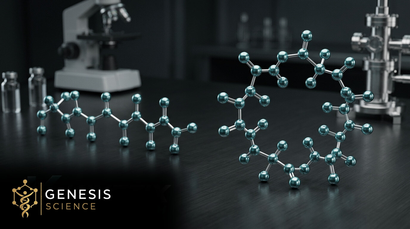 Illustrative linear and cyclic molecular models on a laboratory bench with the Genesis Science logo
