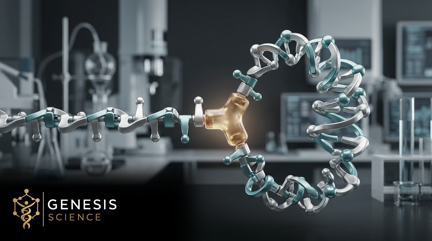 Illustrative peptide model with one contrasting residue changing chain geometry and the Genesis Science logo