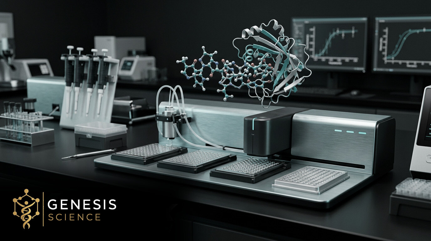 Illustrative peptide and protein binding models beside a biosensor assay workstation with the Genesis Science logo
